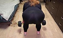 Fucked redhead milf's mouth hard in sports leggings then slammed her tight hole