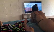 i can't focus on the movie with stepsis sexy bikini riding my cock at beach house