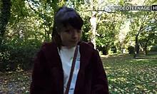 Lovely 18-Year-Old Girl's Outdoor Dildo Casting Bent Over