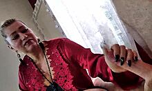 Mature Slut Wife In Red Satin Negligee Ponytail Sucks Dick Hungrily