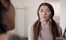 Petite Blonde Geek Girl Licks Squirts on Roommate's Girlfriend in Kitchen