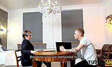 tricky boy sneaks deep drill into mature tutor's sheer black stockings