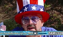 stepmom and stepdaughter suck and fuck shared cock at family bbq