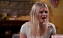 Stepdad pounds petite teen stepdaughter's tight pussy while stepmom is away. Blonde young girl takes big cock deep.