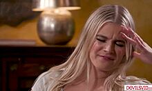 Stepdad pounds petite teen stepdaughter's tight pussy while stepmom is away. Blonde young girl takes big cock deep.