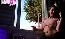 naughty brazilian brunette flashes big natural tits at window dirty talk