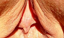 Mature wife flashes huge soaking wet shaved pussy lips in slow motion exhibition