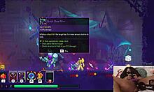 Chubby ebony gamer girl masturbates hairy pussy with dildo during dead cells game