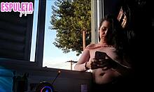 naughty brazilian brunette flashes big natural tits at window dirty talk