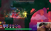 Chubby ebony gamer girl masturbates hairy pussy with dildo during dead cells game