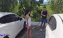 Max Betancur and Athenea Rosse sneak steamy car wash hookup outdoors