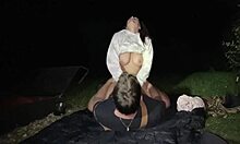 Wife's pussy devoured then ridden hard at man camp outdoors.