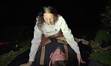 Wife's pussy devoured then ridden hard at man camp outdoors.