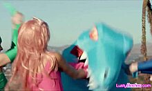 Cosplay girlfriends at the party share massive dildo then monster cock in wild 4some.