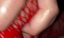 curvy latina in red bodysuit fingers wet pussy to squirting orgasm closeup