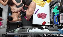 Shoplifter pixie teen's tiny holes wrecked by four daddies gangbang overload 😱🍆💦