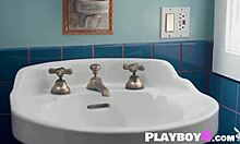 Blonde babe in lingerie rips clothes showing natural petite body