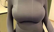 Jerking throbbing cock hard on stepmom's massive milky tits until huge explosion