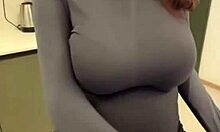 Jerking throbbing cock hard on stepmom's massive milky tits until huge explosion