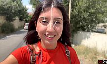 see crazy brunette teen suck huge cock in bushes? huge public pov facial cumwalk!