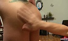 Fit blonde chokes on huge cock before doggy pussy stretch