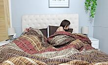 Step mom spots step son jerking to her porn on their shared bed, her wet pussy drips as she offers to drain him fully.