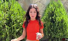 see crazy brunette teen suck huge cock in bushes? huge public pov facial cumwalk!