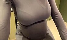 Jerking throbbing cock hard on stepmom's massive milky tits until huge explosion