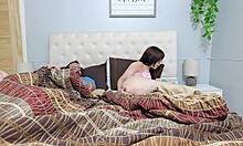 Step mom spots step son jerking to her porn on their shared bed, her wet pussy drips as she offers to drain him fully.