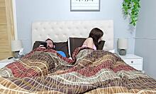 Step mom spots step son jerking to her porn on their shared bed, her wet pussy drips as she offers to drain him fully.