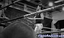 Petite Euro babe wrestles busty lesbian tits up close