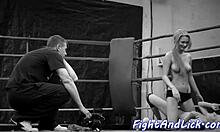 Petite Euro babe wrestles busty lesbian tits up close