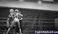 Petite Euro babe wrestles busty lesbian tits up close