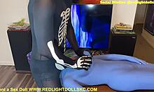 dude rents blue alien fuck doll in kansas city rough deepthroats her with monster cock while watching avatar