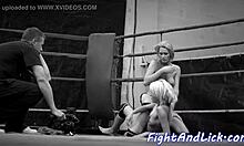 Petite Euro babe wrestles busty lesbian tits up close