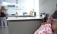 Heart-Pounding Cheating Thrill as Husband Pounds Wife's Best Friend's Curvy Hairy Pussy While She Cooks