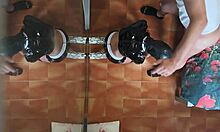 Brunette milf in heels stockings and lingerie deepthroats big cock then takes rough doggy creampie orgasms