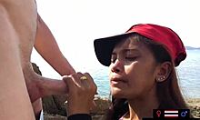 Asian teen girlfriend sucks european boyfriend's monster cock publicly outdoors