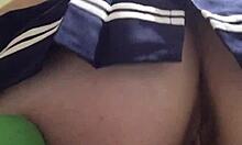 russian brunette rides dildo reverse cowgirl closeup sucks fingers in miniskirt small tits begs cum in mouth 💦🍆