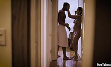 Cute Busty Girlfriend Teases Ebony Boyfriend's Slender Dick in Garage