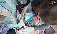 tattooed merry joins skinny couple for big cock sloppy anal foursome doggystyle riding atm