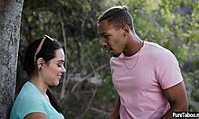 Cute Busty Girlfriend Teases Ebony Boyfriend's Slender Dick in Garage