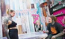 tattooed merry joins skinny couple for big cock sloppy anal foursome doggystyle riding atm