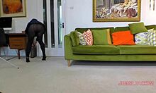 Senior citizen fingers and licks British milf's wet pussy on sofa during casting interview then pounds her hard