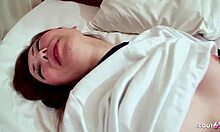 Her tiny body shakes as big cock stretches hairy pussy deep creampie uncensored JAV