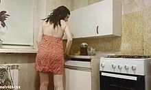 brunette solo stuffs bananas double in shaved kitchen pussy 🍌🍌