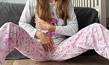 skinny asian teen slut babe in pajamas teases small shaved tits fingering horny pussy closeup till squirting orgasm!