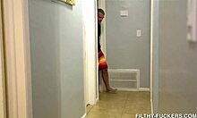 Sarah Lace rides dildo as stepdad spies from under bed