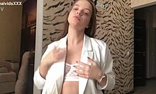 Young cutie in fishnets clamps clips on shaved PUSSY NIPPLES masturbates hard with fake dick feet tease