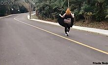 Priscila struts streets in see-through skirt no panties flashing big natural tits